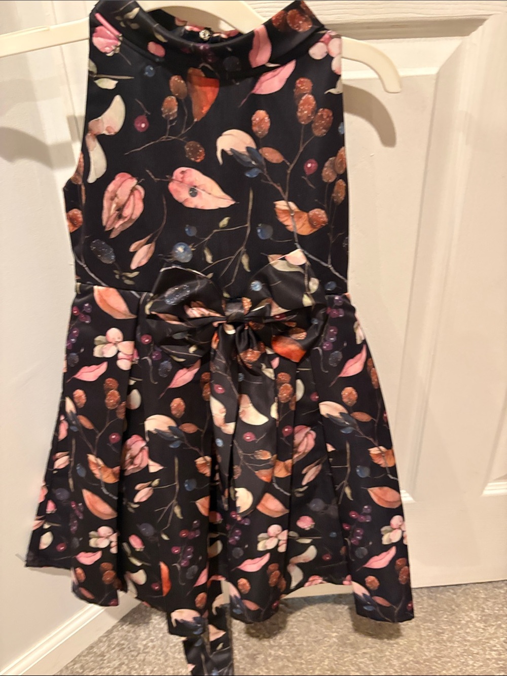 Girls Floral Bow Fit-and-Flare Dress in Black and Pink. Shiny satin.